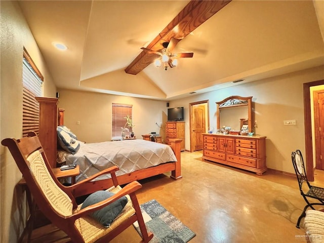 bedroom with vaulted ceiling with beams and ceiling fan