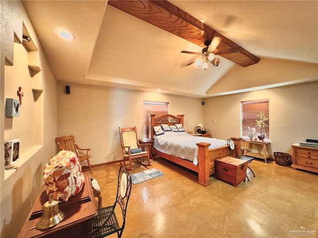 bedroom featuring ceiling fan and vaulted ceiling