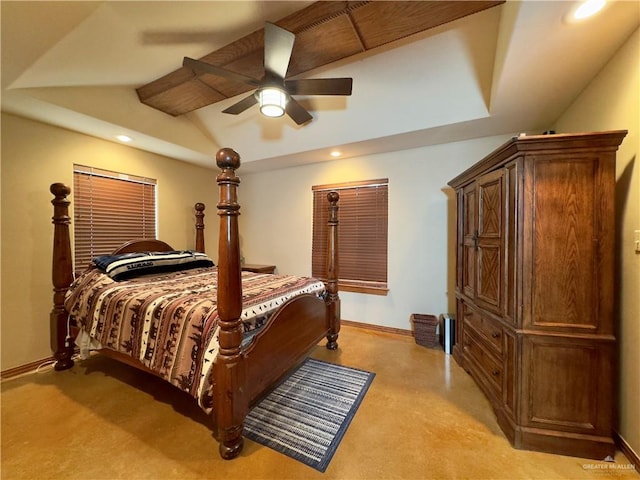 bedroom featuring ceiling fan and light carpet