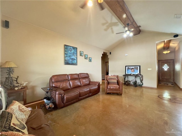 living room with vaulted ceiling with beams, ceiling fan, and concrete flooring