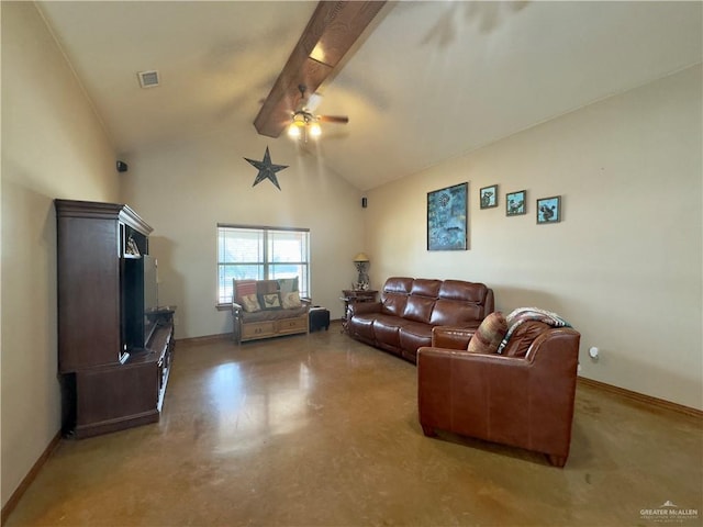 living room featuring beamed ceiling, concrete floors, high vaulted ceiling, and ceiling fan