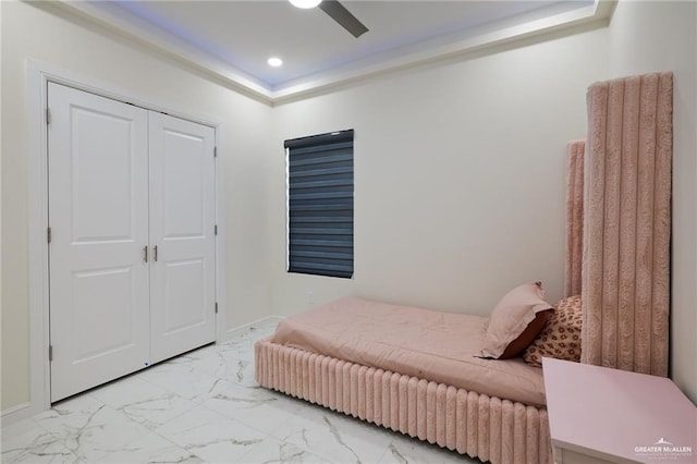 1921 Lime St, San Juan, TX 78589 - bedroom featuring light marble finish flooring, recessed lighting, ceiling fan, and a closet