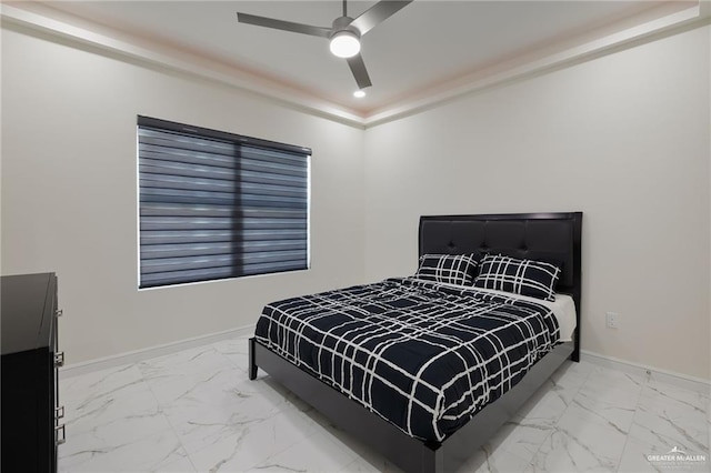 1921 Lime St, San Juan, TX 78589 - bedroom featuring marble look tile flooring, baseboards, ceiling fan, and ornamental molding