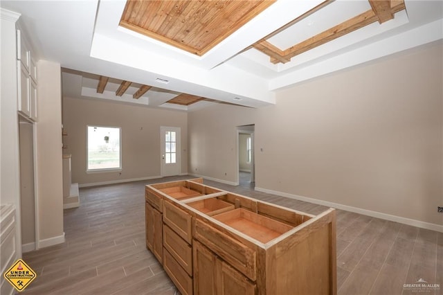 kitchen featuring a tray ceiling, light hardwood / wood-style flooring, a skylight, and a kitchen island