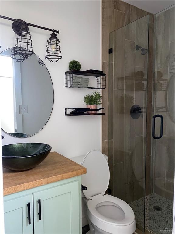 bathroom featuring vanity, an enclosed shower, and toilet