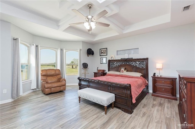 bedroom featuring beam ceiling, light hardwood / wood-style floors, and ceiling fan