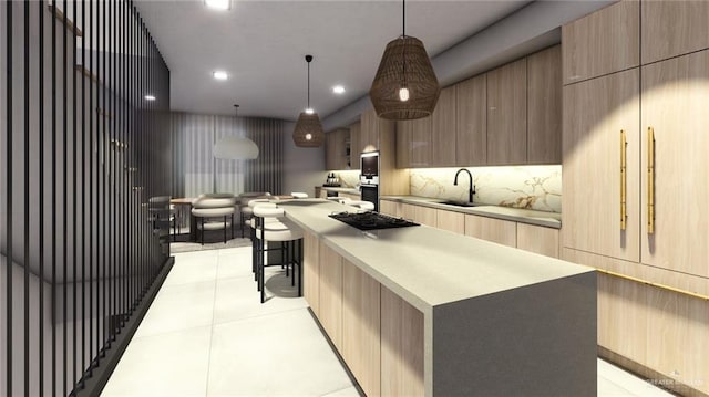 107 W Acapulco St Unit 2, South Padre Island, TX 78597 - kitchen with modern cabinets, light tile patterned flooring, a large island, backsplash, and recessed lighting