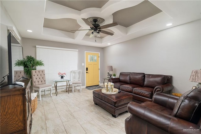 1008 Monterrey St, Edinburg, TX 78539 - living area with coffered ceiling, a ceiling fan, and recessed lighting