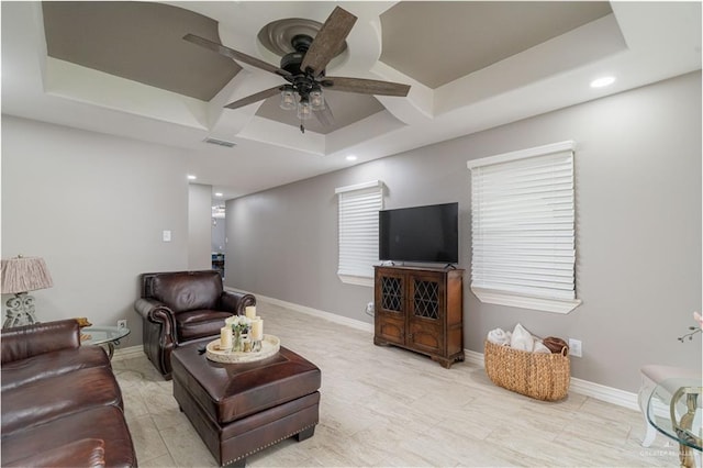 1008 Monterrey St, Edinburg, TX 78539 - living room featuring coffered ceiling, a ceiling fan, recessed lighting, and beamed ceiling