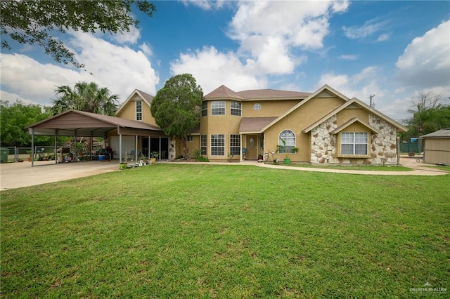 exterior space with stucco siding, a yard, a carport, stone siding, and driveway
