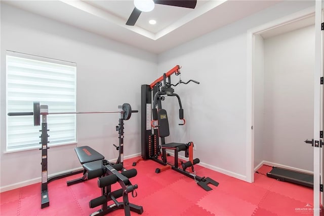 701 Santa Cecilia St, Donna, TX 78537 - workout room with baseboards, a ceiling fan, carpet floors, and recessed lighting