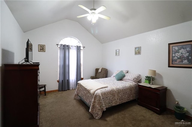 bedroom with a ceiling fan, dark colored carpet, and lofted ceiling