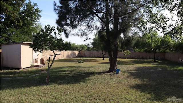 view of yard with a fenced backyard, a storage unit, and an outbuilding