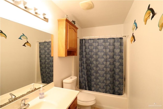 full bath featuring shower / bathtub combination with curtain, toilet, and vanity