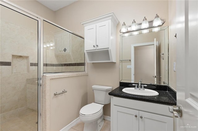 bathroom with tile patterned flooring, a shower with door, vanity, and toilet