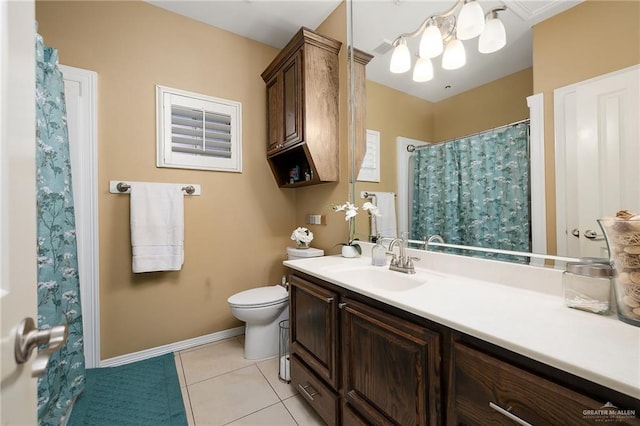 bathroom featuring tile patterned flooring, vanity, toilet, and a shower with shower curtain