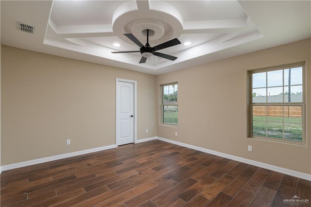 empty room with a raised ceiling, ceiling fan, dark hardwood / wood-style flooring, and plenty of natural light