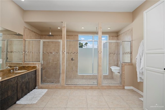 bathroom with tile patterned floors and a shower with shower door