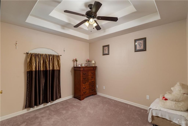 1014 Emerald Dr, Weslaco, TX 78599 - living area with a tray ceiling, carpet flooring, a ceiling fan, and baseboards