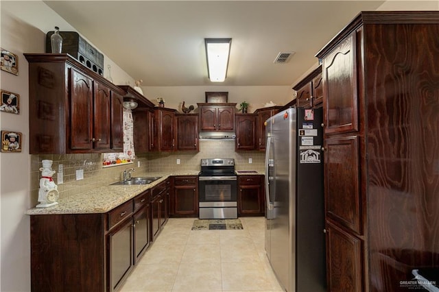1014 Emerald Dr, Weslaco, TX 78599 - kitchen with stainless steel appliances, under cabinet range hood, a sink, backsplash, and light stone countertops