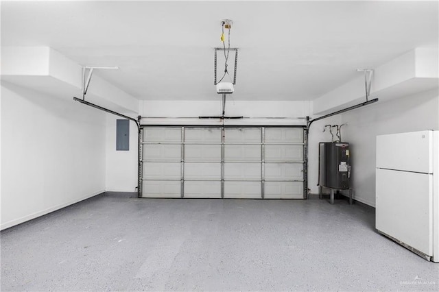 garage featuring electric panel, water heater, a garage door opener, and white refrigerator