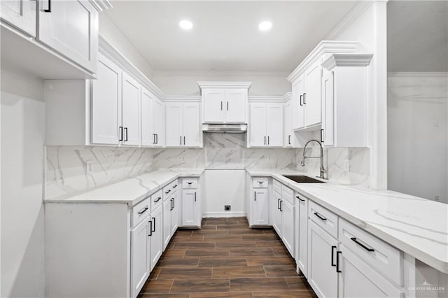 kitchen featuring light stone counters, white cabinetry, sink, and tasteful backsplash