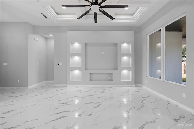 interior space with crown molding, ceiling fan, and coffered ceiling