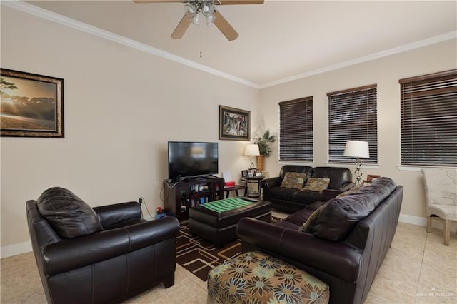 tiled living room with ceiling fan and ornamental molding