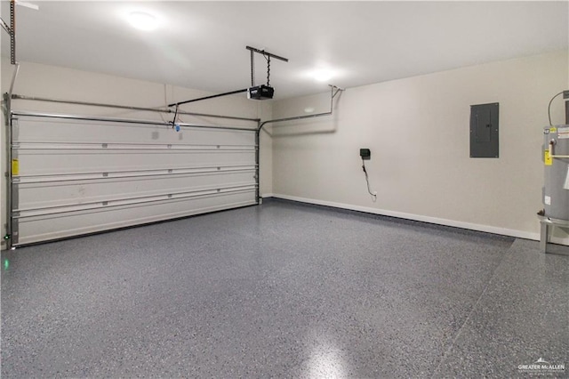 garage featuring electric water heater, baseboards, electric panel, and a garage door opener