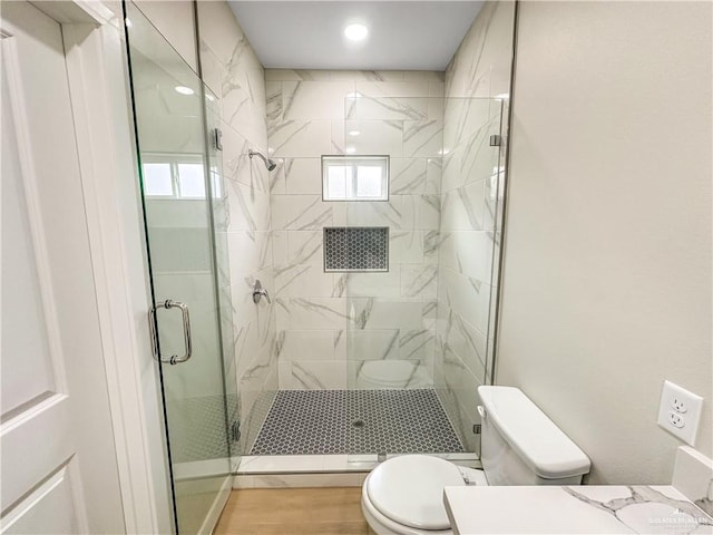 bathroom featuring a shower stall, toilet, and vanity