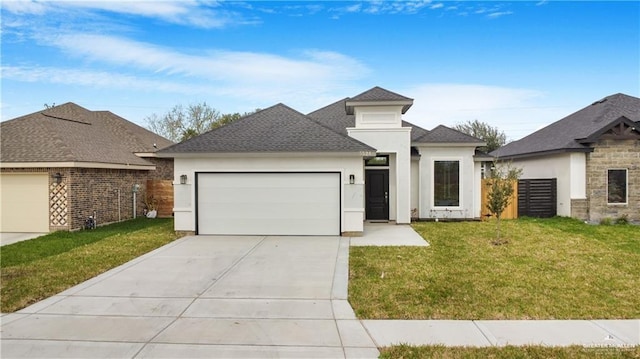 view of front of home with stucco siding, a shingled roof, concrete driveway, an attached garage, and a front yard