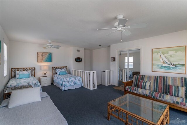 bedroom featuring carpet flooring and ceiling fan