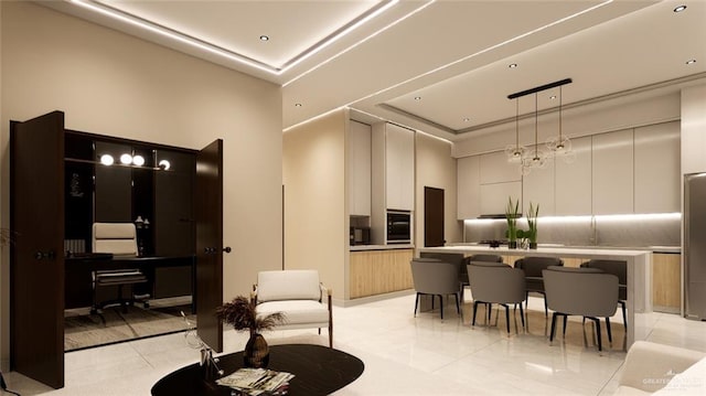 living room featuring a high ceiling