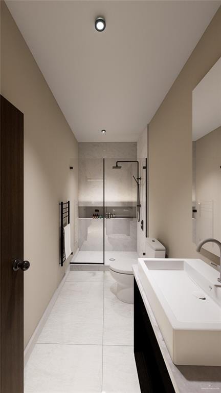 full bathroom with a stall shower, toilet, and vanity