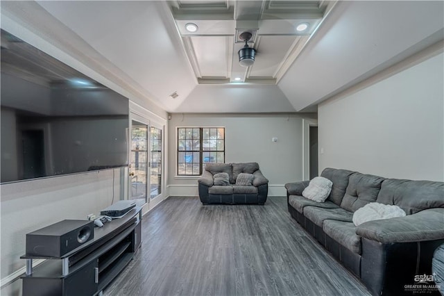 living room featuring lofted ceiling, crown molding, and dark wood-type flooring