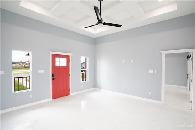 entryway featuring beam ceiling, ceiling fan, and coffered ceiling