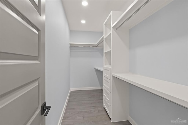 walk in closet with light hardwood / wood-style floors