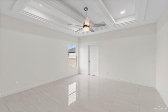 spare room featuring ceiling fan, light tile patterned floors, and beamed ceiling