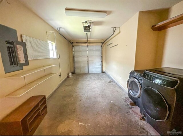 5605 N 41st St, Mcallen, TX 78504 - garage with washer and clothes dryer, electric panel, and a garage door opener