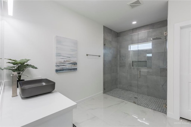 5703 N 44th Ln, Mcallen, TX 78504 - full bathroom featuring a stall shower, vanity, marble finish floors, and recessed lighting
