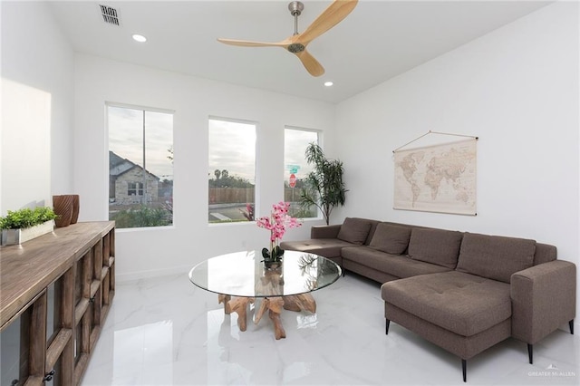 5703 N 44th Ln, Mcallen, TX 78504 - living room with marble tiled flooring, a ceiling fan, and recessed lighting