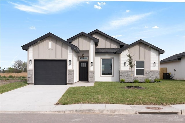 modern farmhouse with central AC unit, a garage, and a front yard