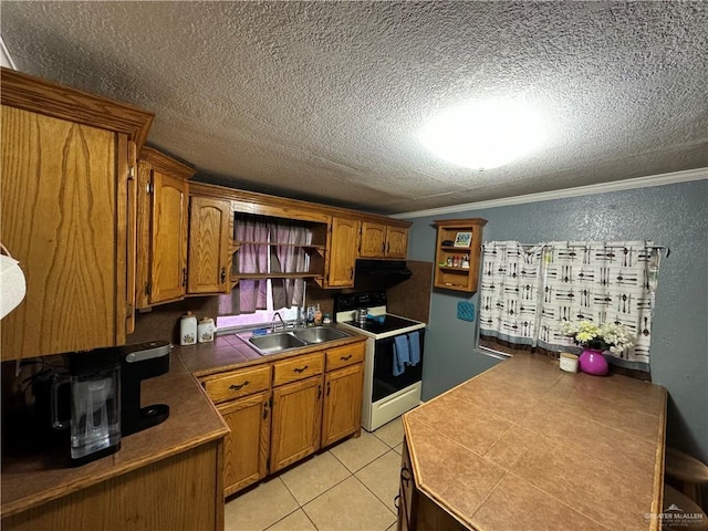 kitchen featuring sink, crown molding, range with electric stovetop, a textured ceiling, and light tile patterned flooring