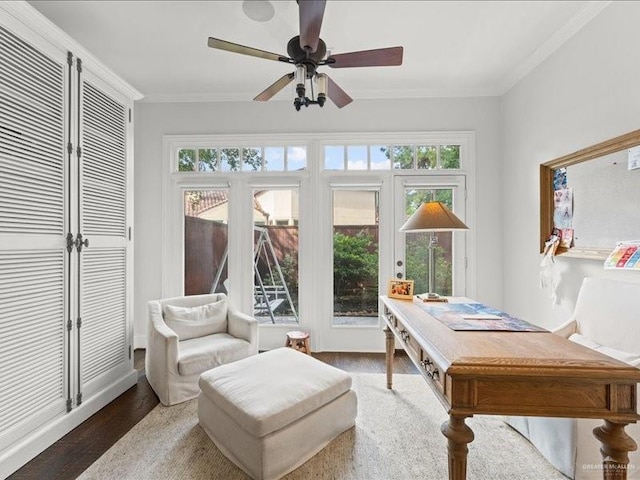 7 Ivy Ct, Spring, TX 77382 - home office featuring healthy amount of natural light, a ceiling fan, crown molding, and wood finished floors