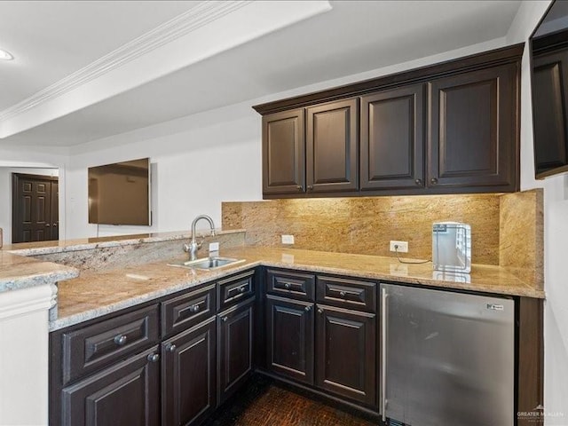 7 Ivy Ct, Spring, TX 77382 - kitchen with dishwasher, light stone countertops, tasteful backsplash, dark brown cabinets, and ornamental molding