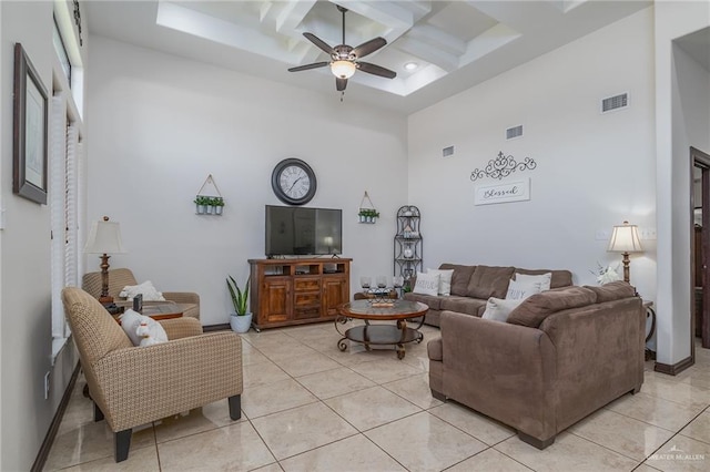 living room with light tile patterned floors, coffered ceiling, a towering ceiling, and visible vents