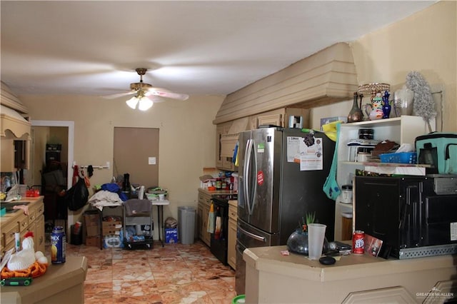 kitchen with stainless steel refrigerator, black range with electric stovetop, and ceiling fan