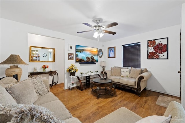 living room with ceiling fan and hardwood / wood-style floors