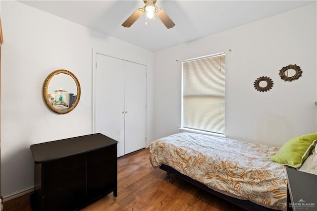 bedroom featuring ceiling fan, a closet, and dark hardwood / wood-style flooring