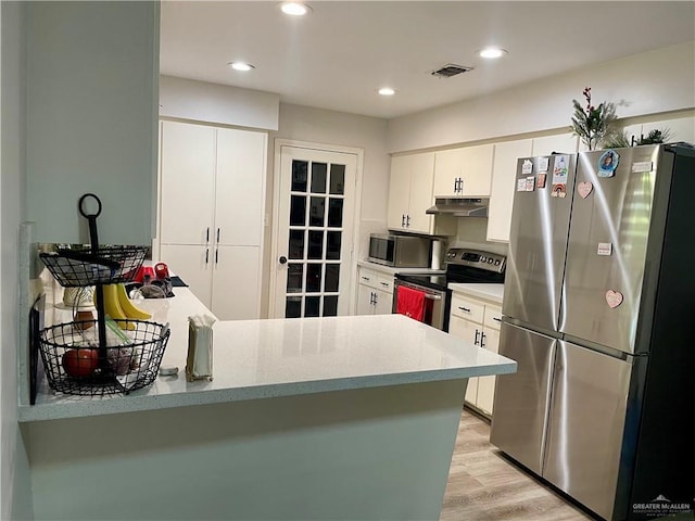 kitchen featuring stainless steel appliances, light hardwood / wood-style flooring, white cabinets, and kitchen peninsula